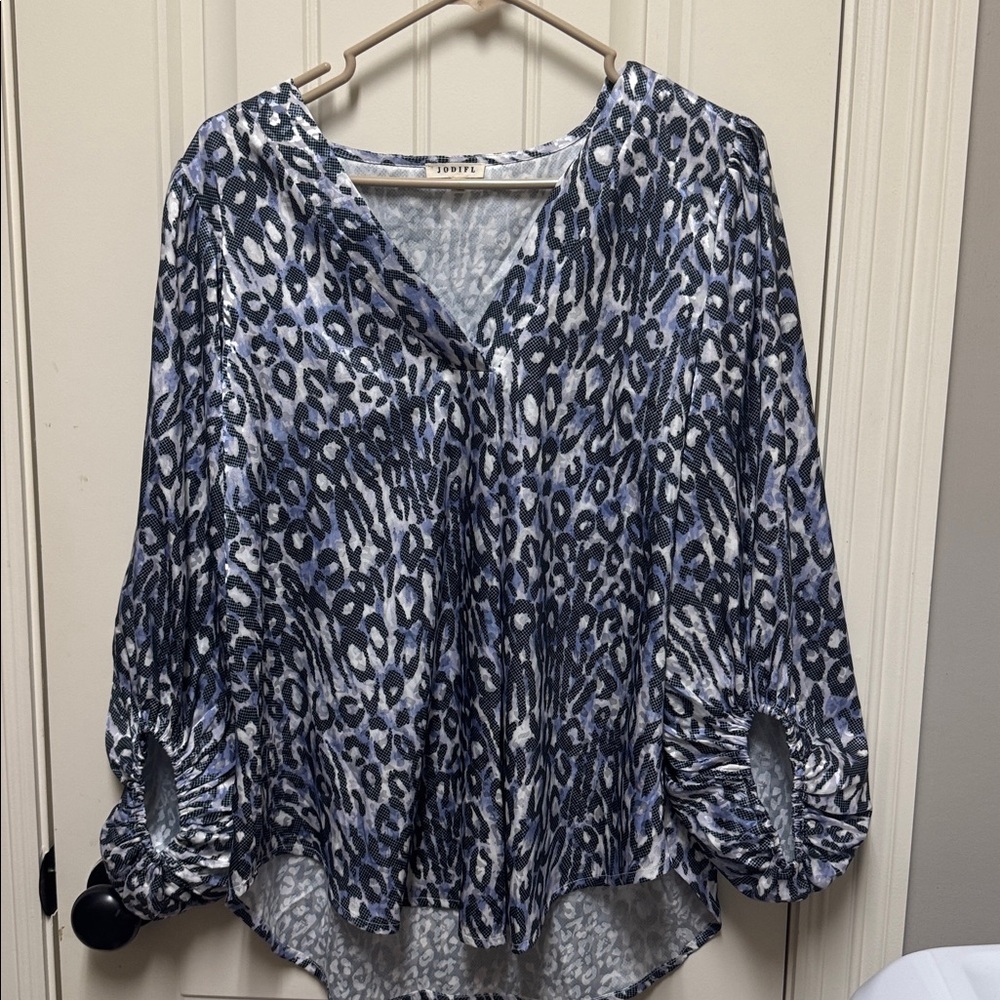 Animal Print Blouse with Ruched Sleeves